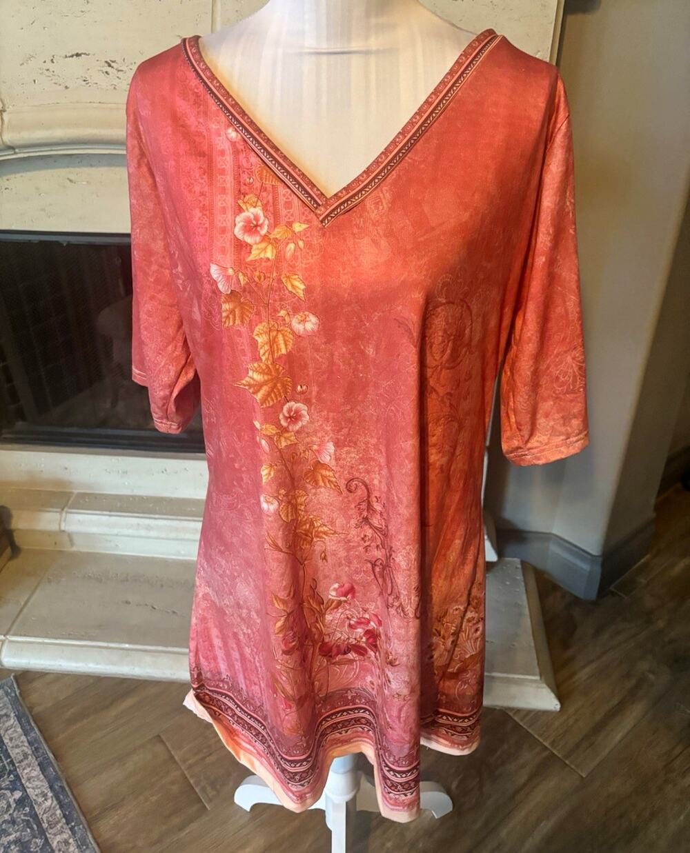 Women’s Pink Floral V-Neck 3/4 Sleeve Pullover Tunic Top Size XL